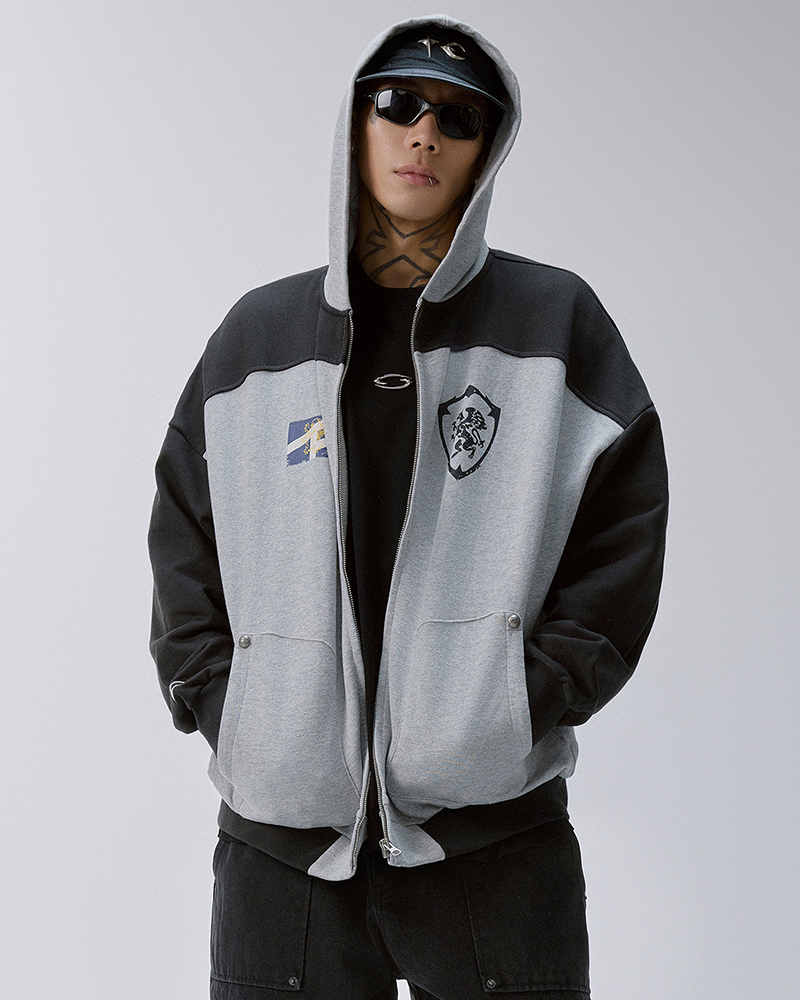 Contrast Panel Badge Graphic Hooded Jacket