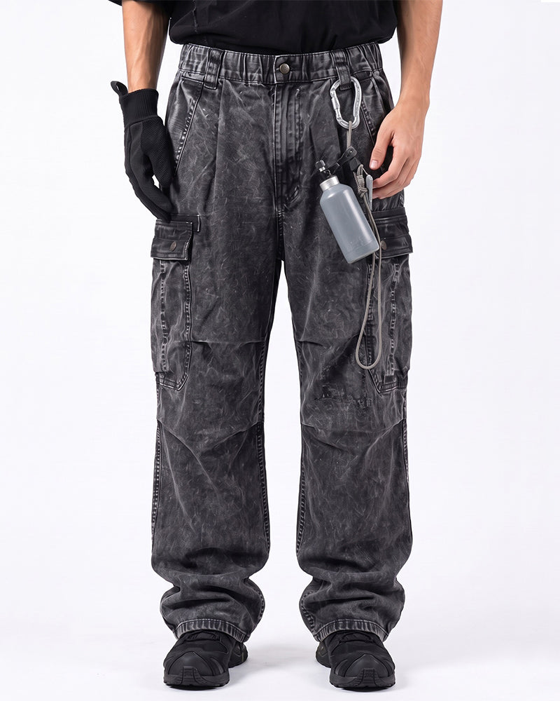 Distressed Multi‑Pocket Wide‑Leg Cargo Pants