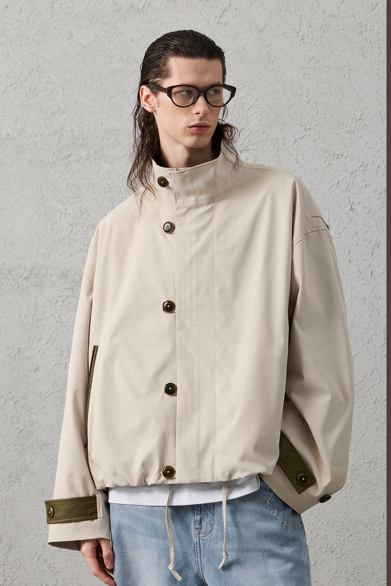 Stand Collar PU Drawstring Jacket