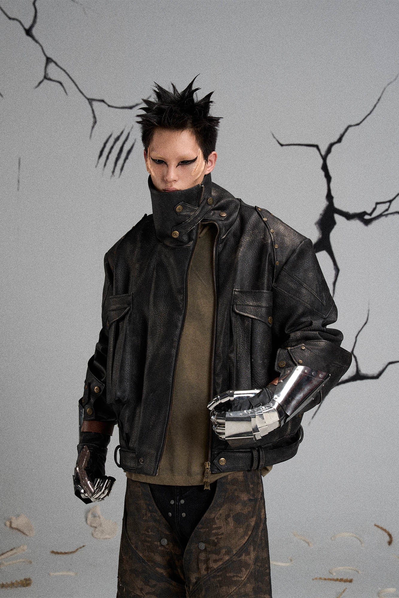 Mutation Knight Armor Distressed High-Collar Faux Leather Jacket