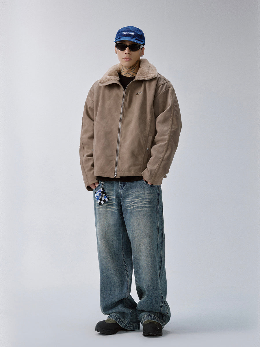 Aged Suede Faux Fur High-Collar Jacket