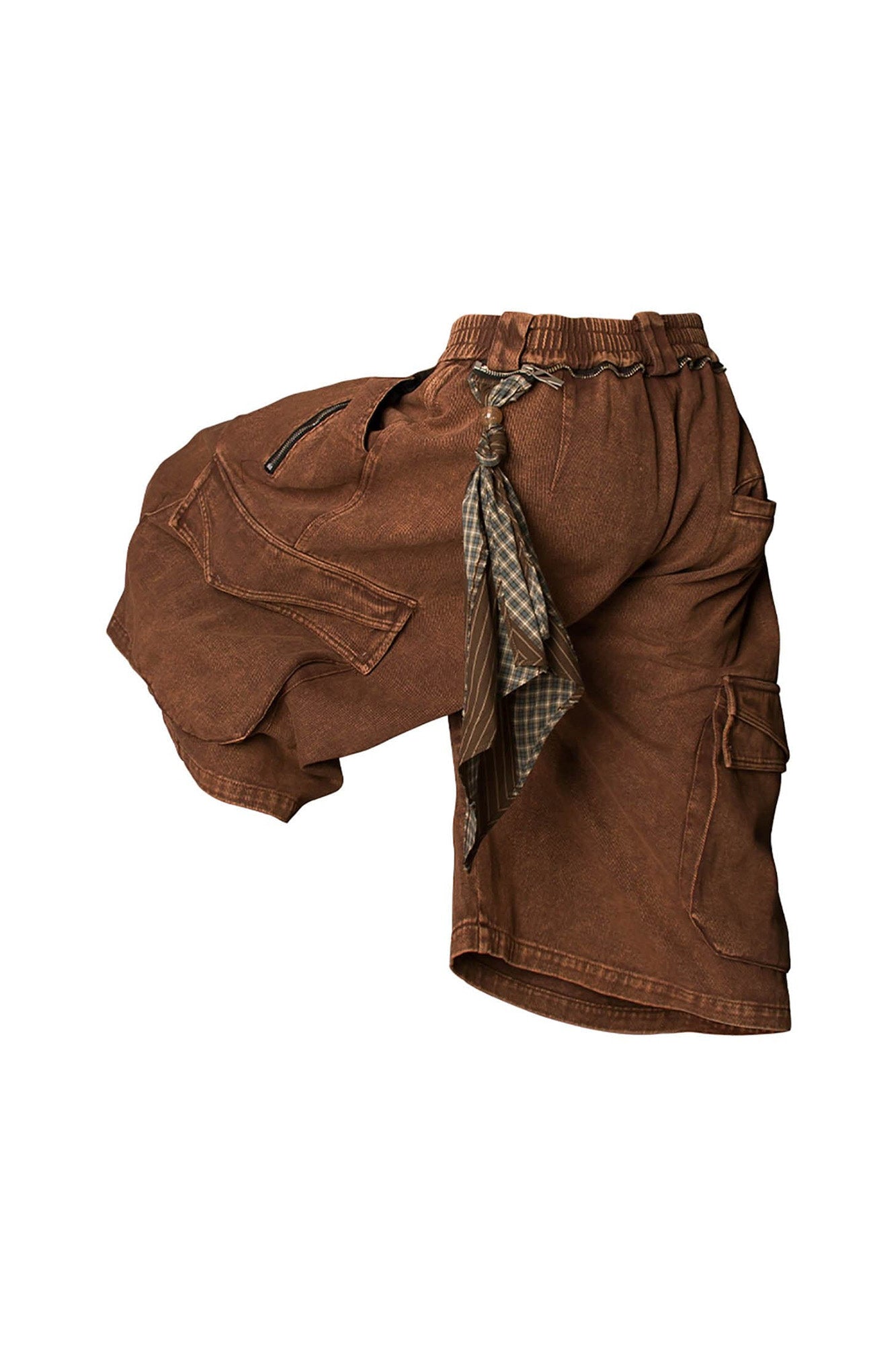 Detachable Scarf Washed Multi-Pocket Wide-Leg Shorts Brown
