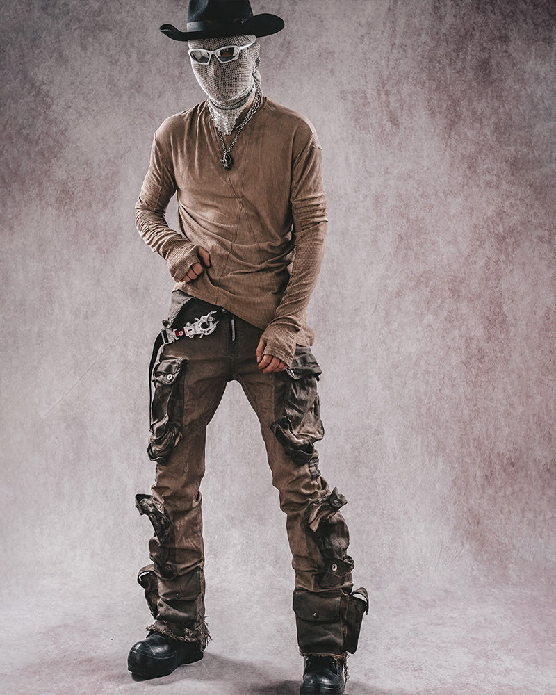 Post-Apocalyptic Distressed Stripe Panelled Long-Sleeve Tee