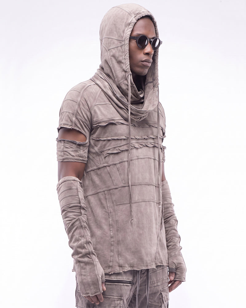 Wasteland Washed Distressed Hooded Tee with Detachable Sleeves