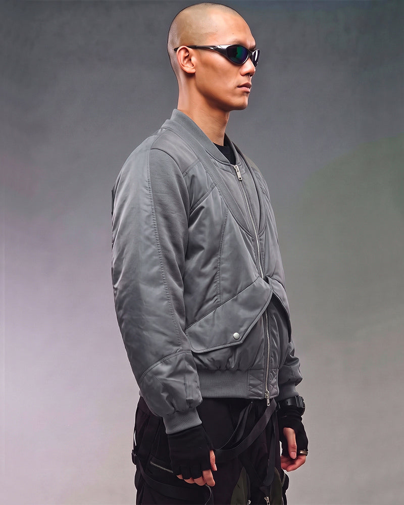 Deconstructed Double Collar Layered Paneled Bomber Jacket