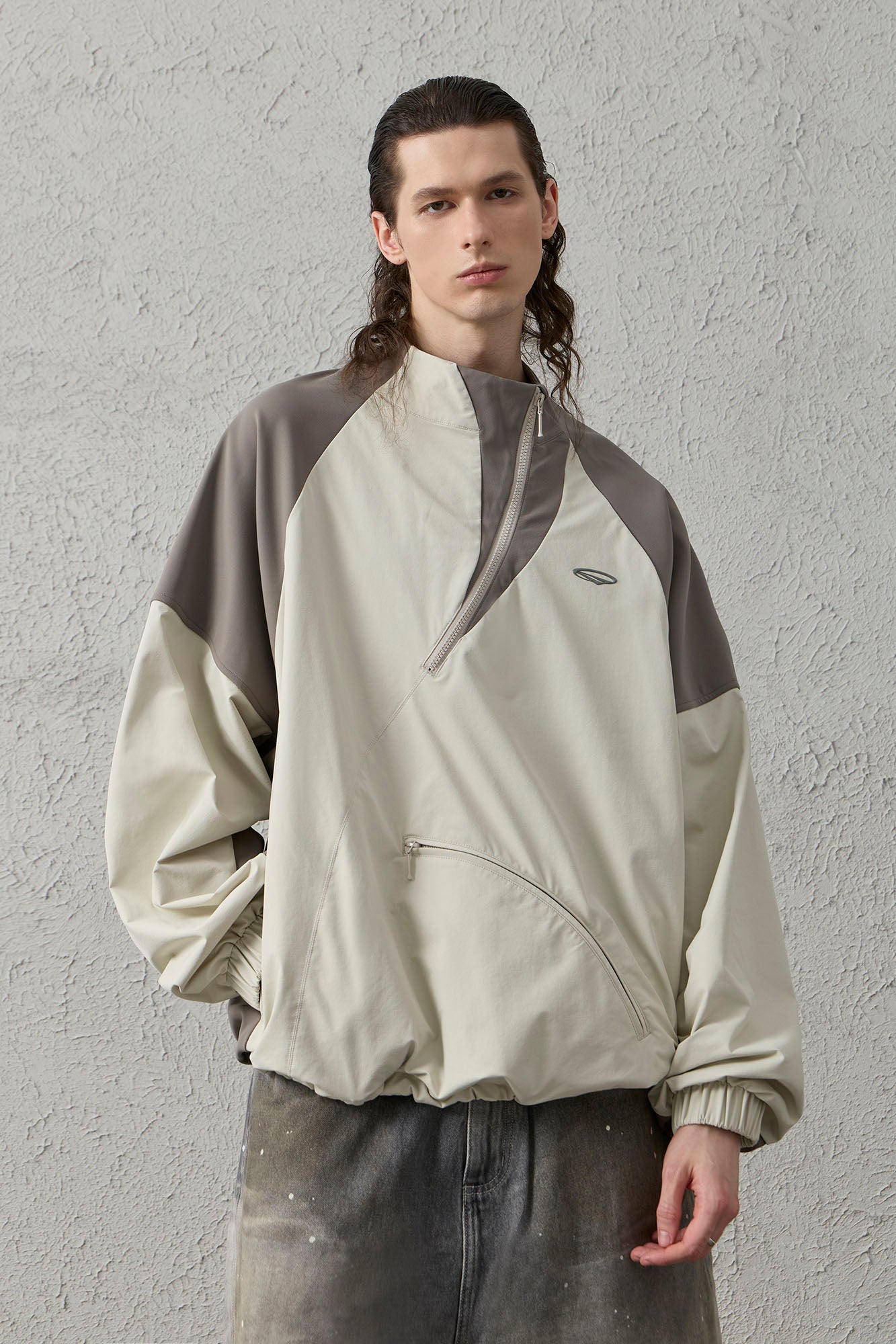 Contrast Diagonal Half Zip Oversized Windbreaker