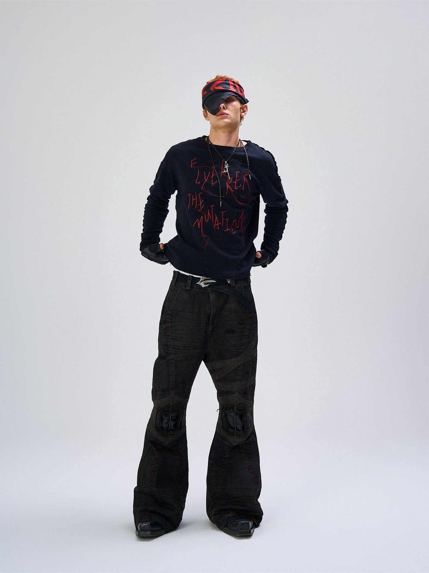 Cross-Panel Contrast Frayed Embroidered Long-Sleeve Tee