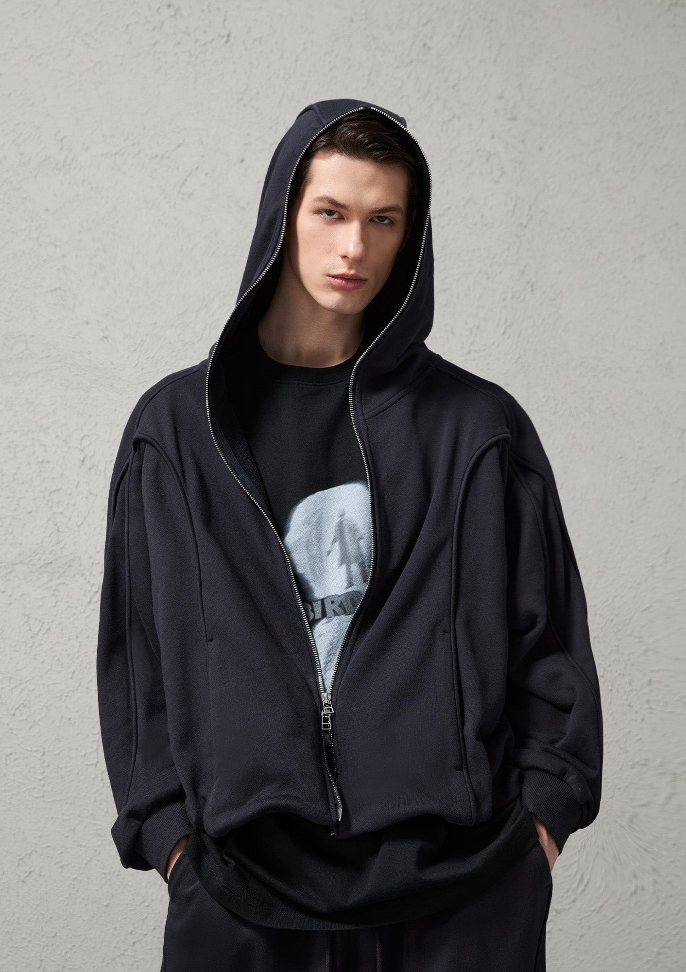 Curved Panel Drawstring-Hem Zip-Up Hoodie