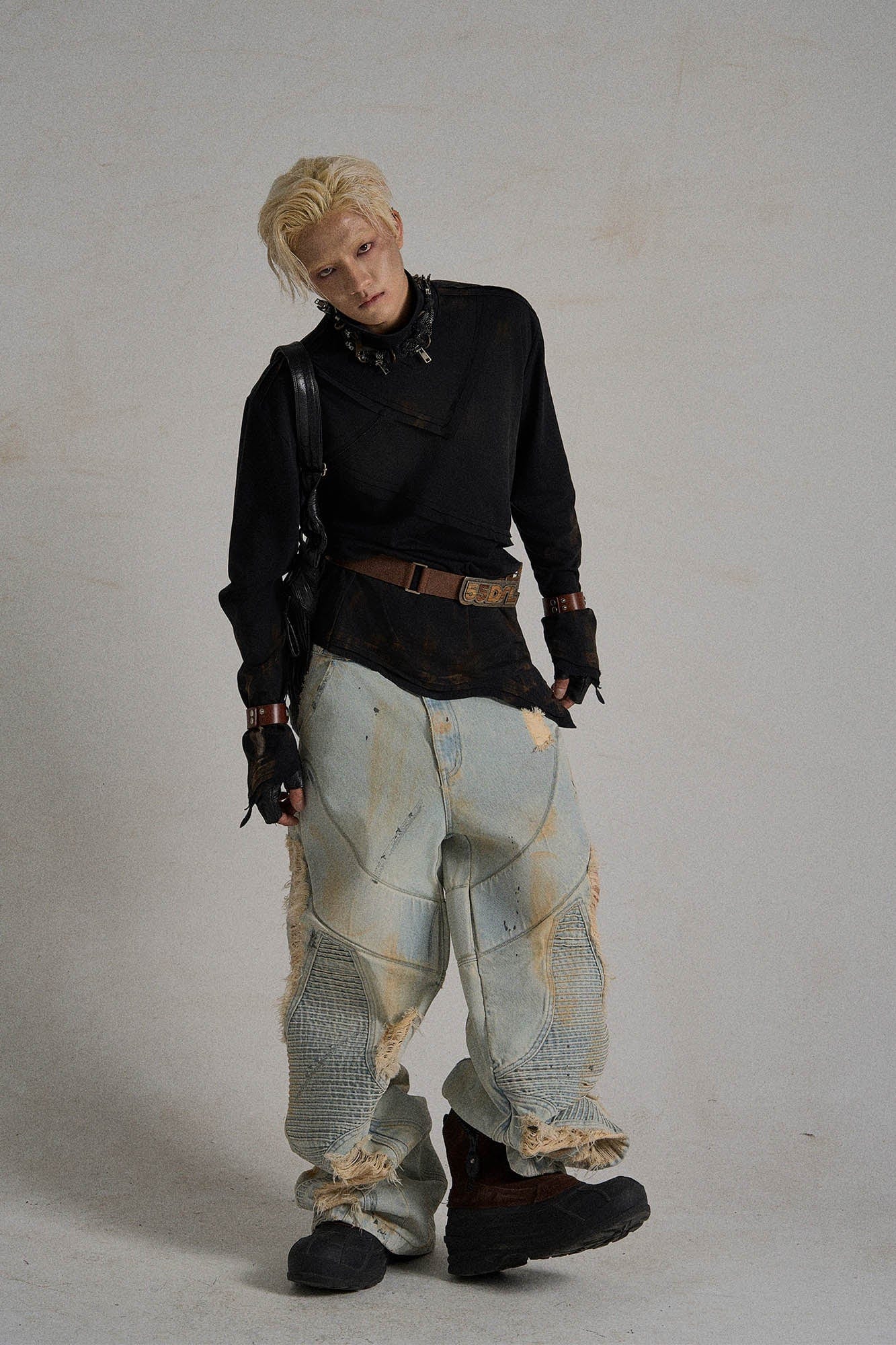 Paneled Heavily Ripped Fringe Jeans