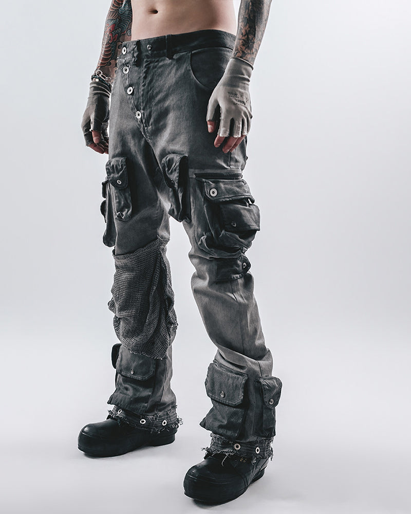 Asymmetric Spliced Distressed Cargo Pants