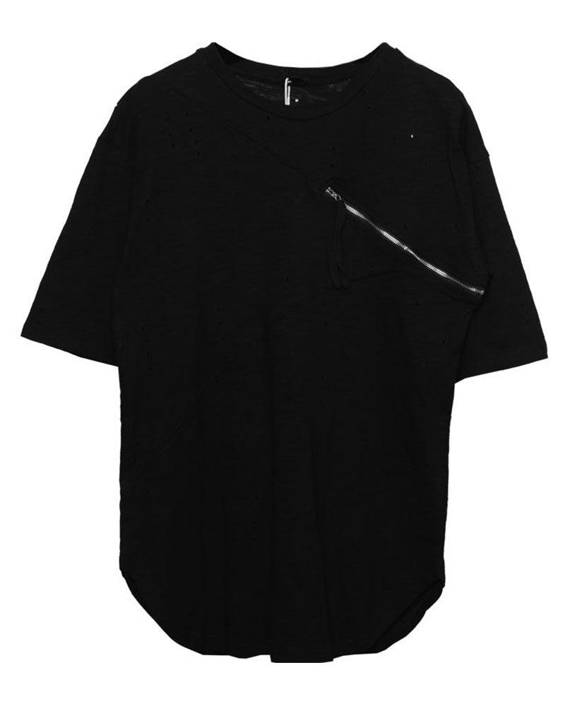 Diagonal Zip Distressed Techwear T-Shirt