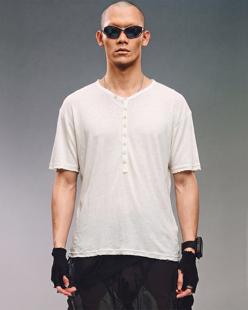Minimal Raw Edge Button Short Sleeve T-Shirt