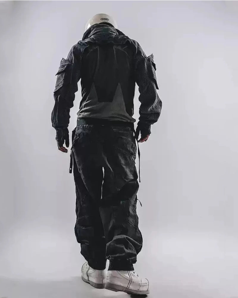 Post-Apocalyptic Hooded Mesh Color-Block Cape Jacket