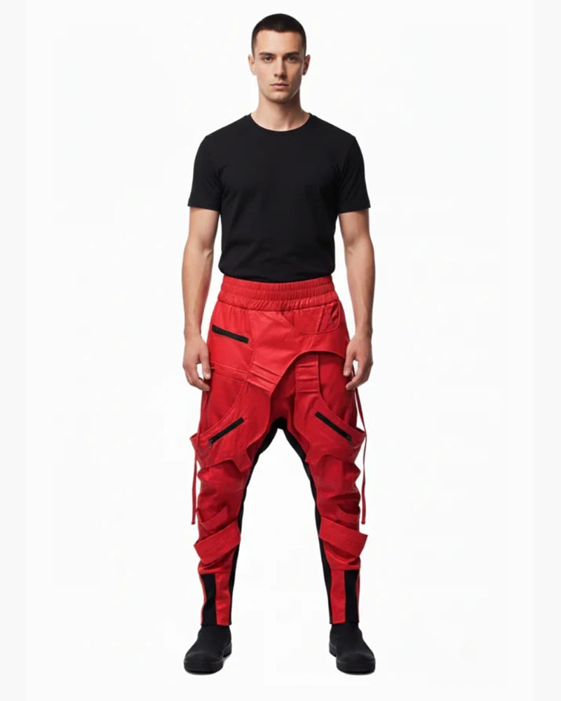 Asymmetric Waxed Red Techwear Pants