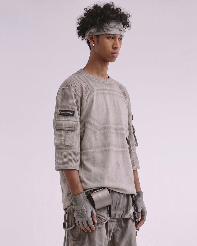Dystopian Dirty-Dye Mesh Velcro Pocket Short Sleeve Tee