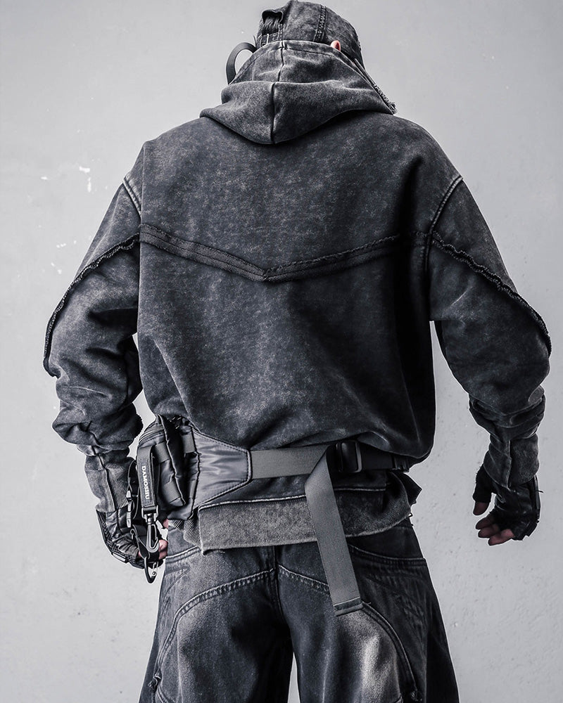 Washed Distressed Asymmetric Zip Techwear Hoodie