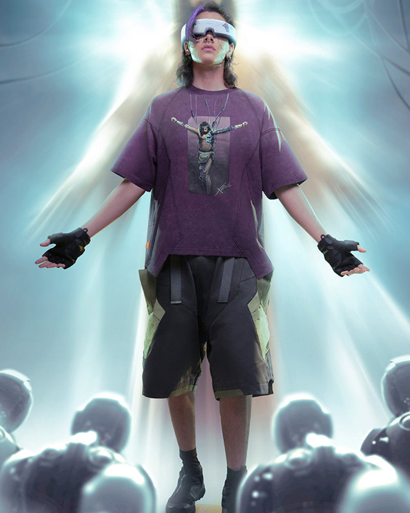 Cyberpunk Washed Gradient Discharge Print T-Shirt