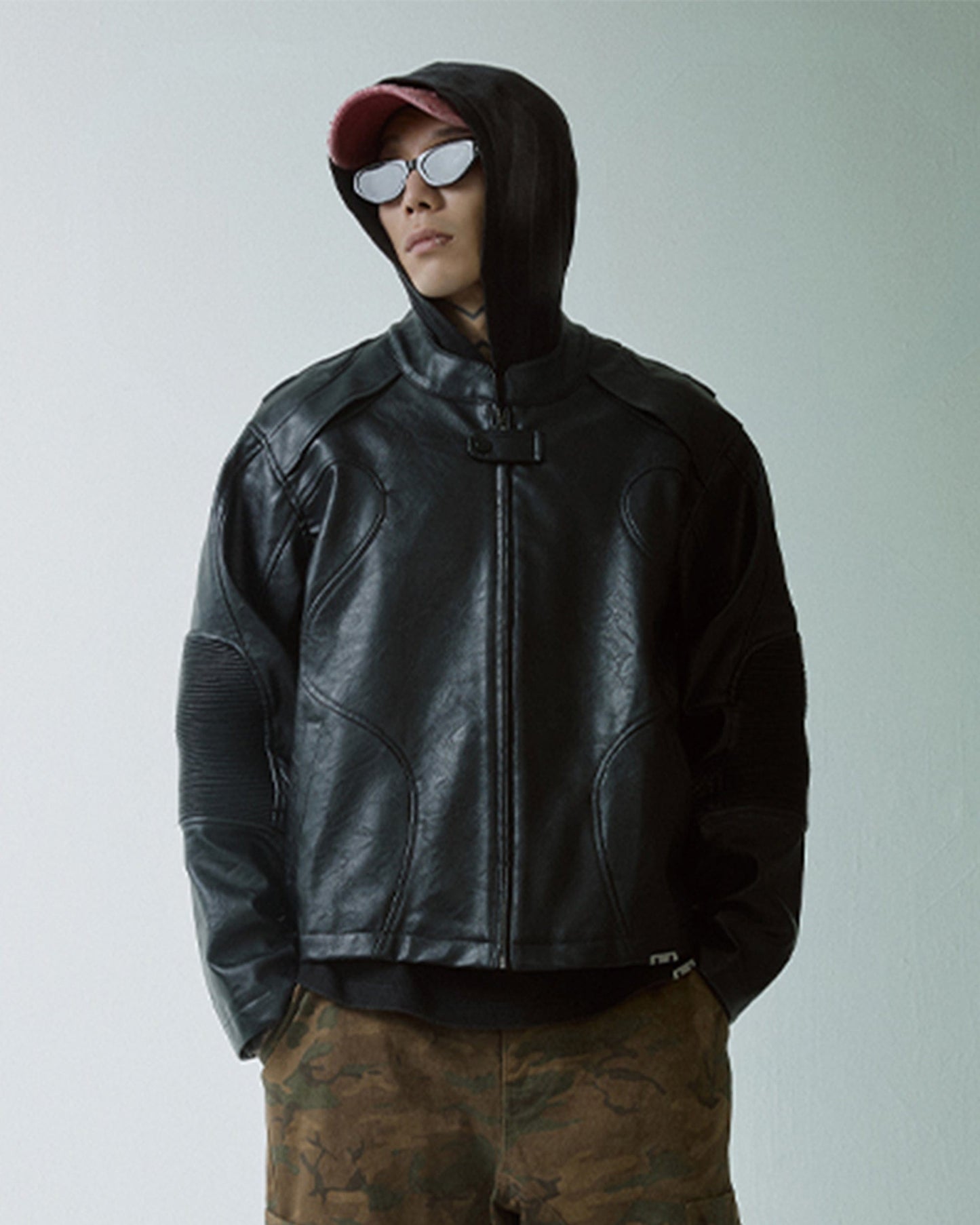 Modern Deconstructed Faux Leather Biker Jacket Black