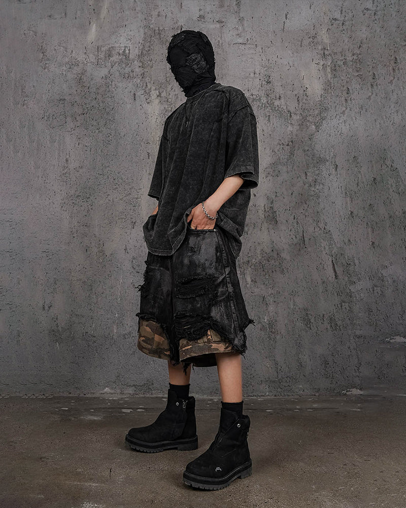 Double-Layered Ripped Camo Shorts Black