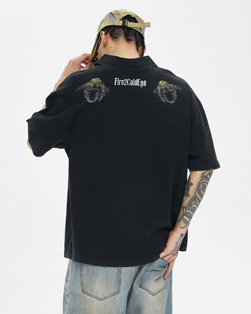 Washed Vintage Radiant Eye Print Polo T-Shirt