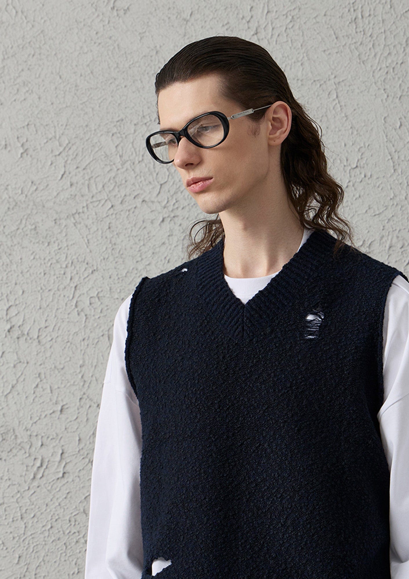 Asymmetrical Distressed Bubble-Knit Vest