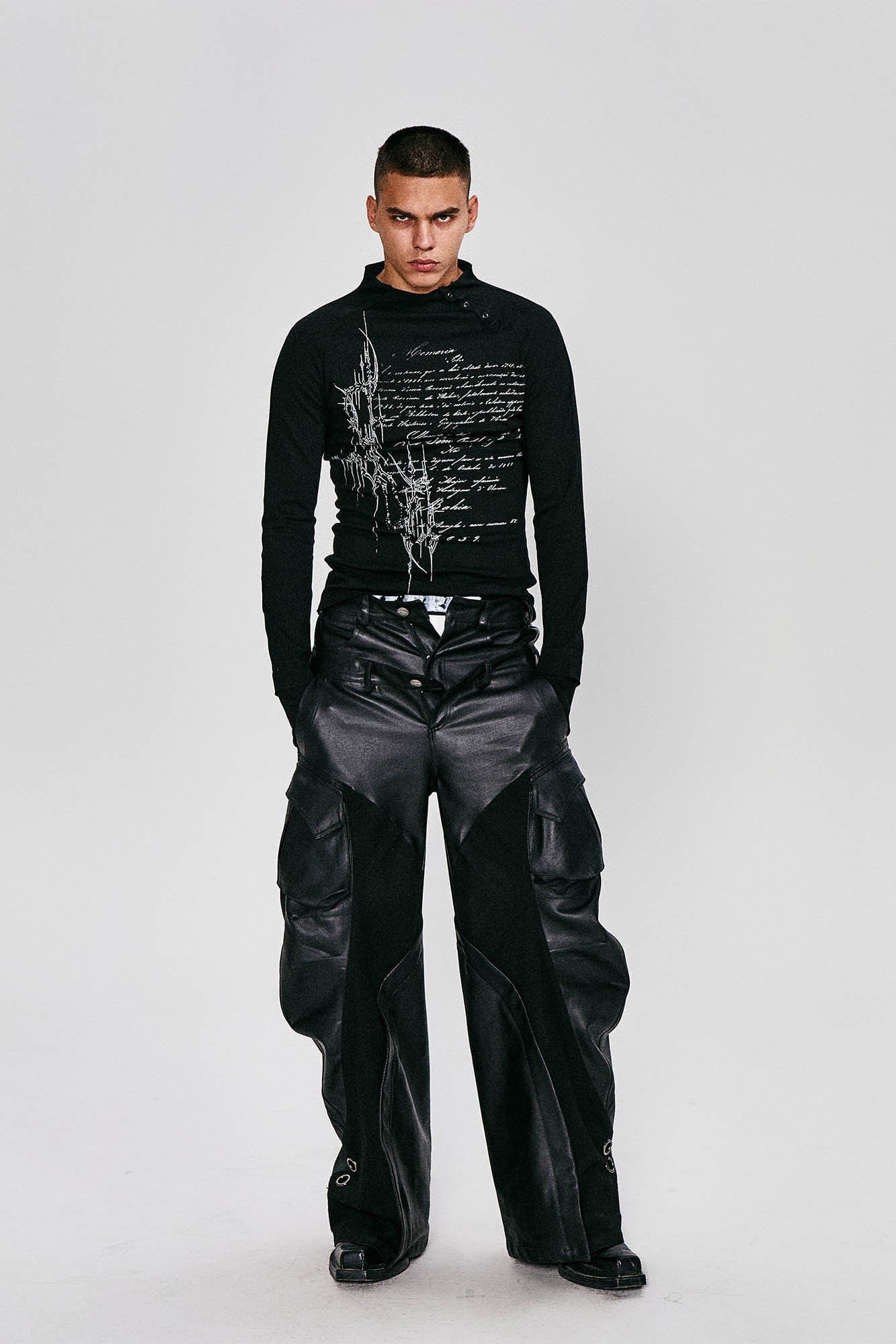 Gothic Script Graphic Asymmetrical Button Long-Sleeve Tee