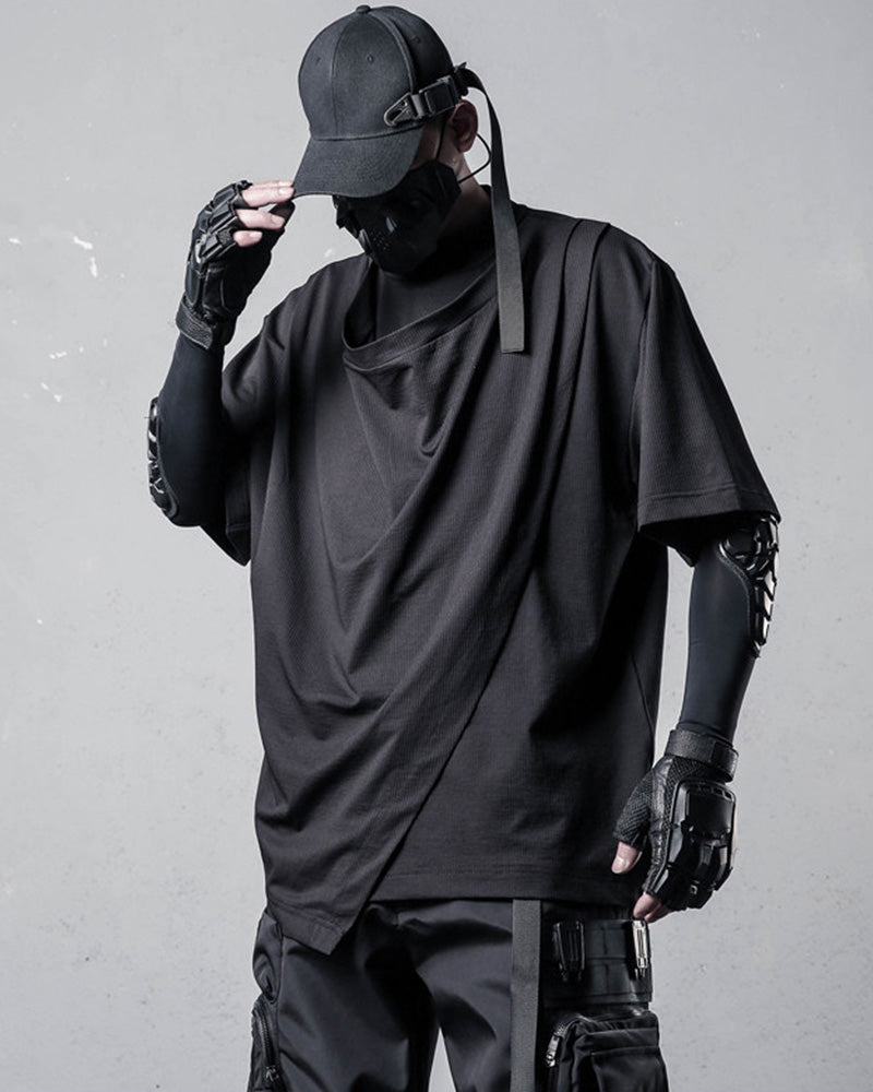 Techwear Draped Neck Asymmetrical Hem T-Shirt