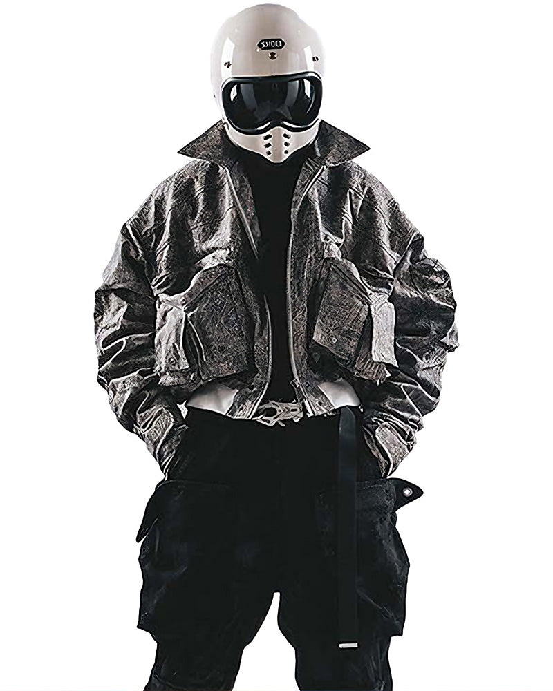 Acid-Wash Cropped Bomber Utility Jacket
