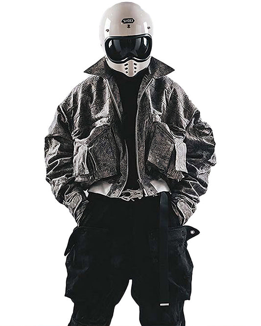 Acid-Wash Cropped Bomber Utility Jacket