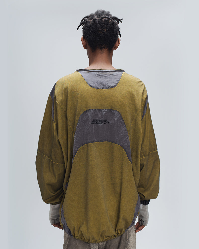 Washed Contrast Panel Drawstring Long-Sleeve Tee