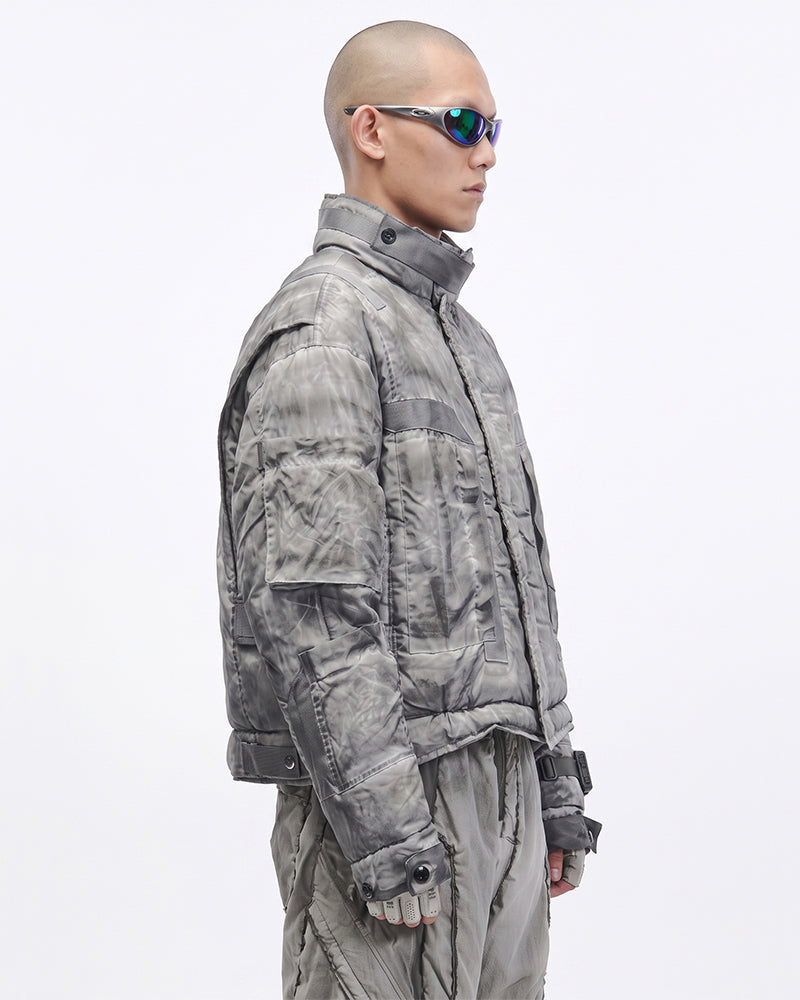 Dystopian Distressed Cropped Multi-Pocket Down Jacket