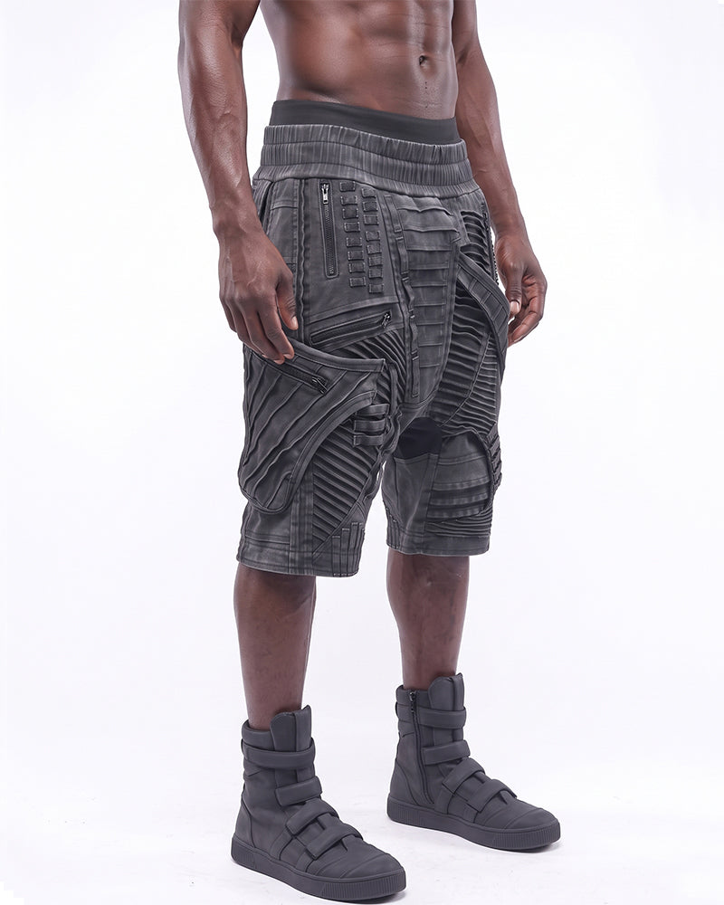 Wasteland Asymmetric Pleated Multi-Zip Drop-Crotch Shorts
