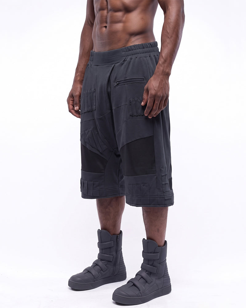 Post-Apocalyptic Deconstructed Paneled Drop-Crotch Shorts