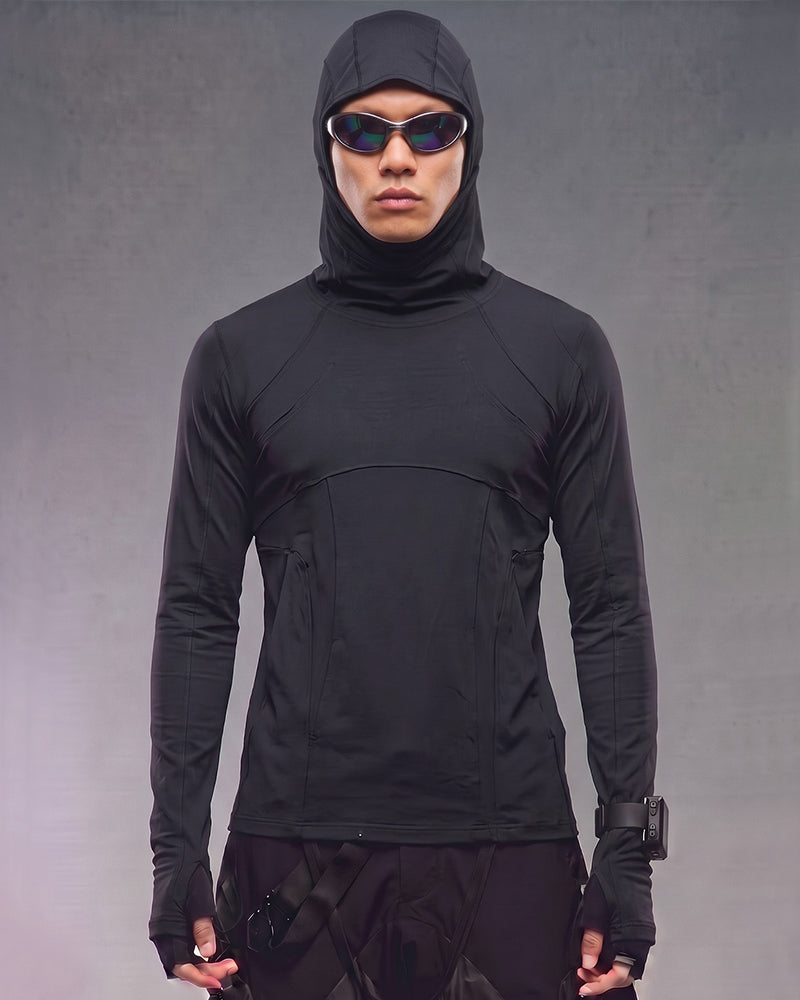 Wasteland Mesh‑Patchwork Ninja‑Hood Long‑Sleeve T-Shirt