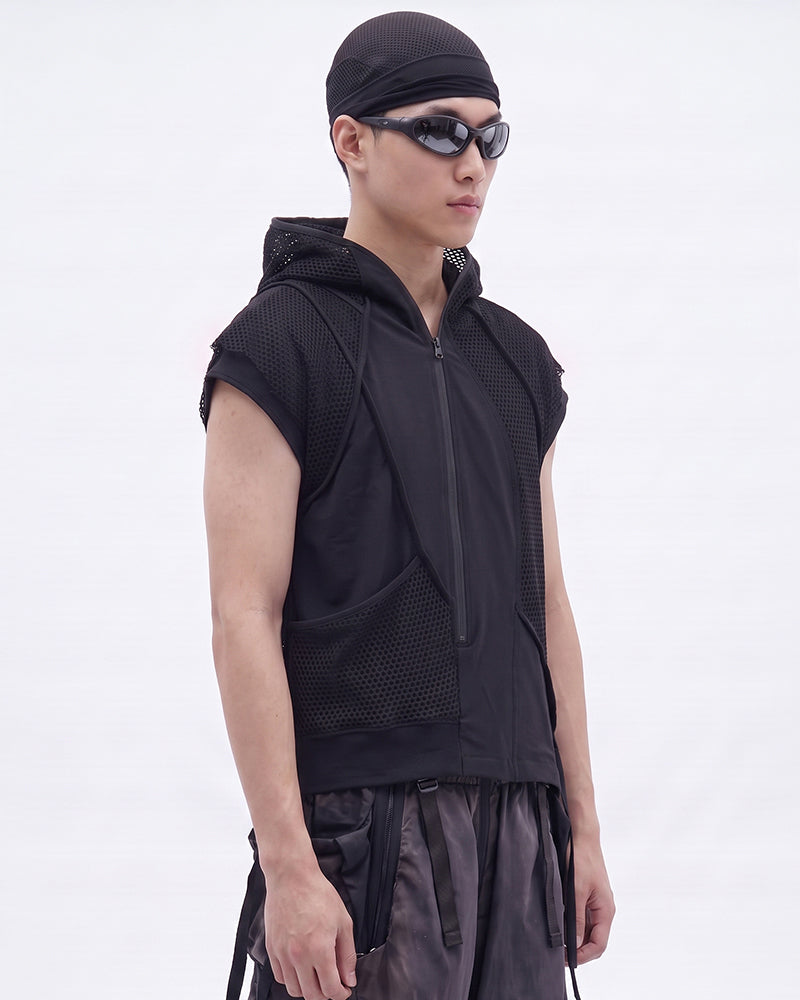 Post-Apocalyptic Mesh-Patchwork Diagonal-Zip Hooded Sleeveless T-Shirt