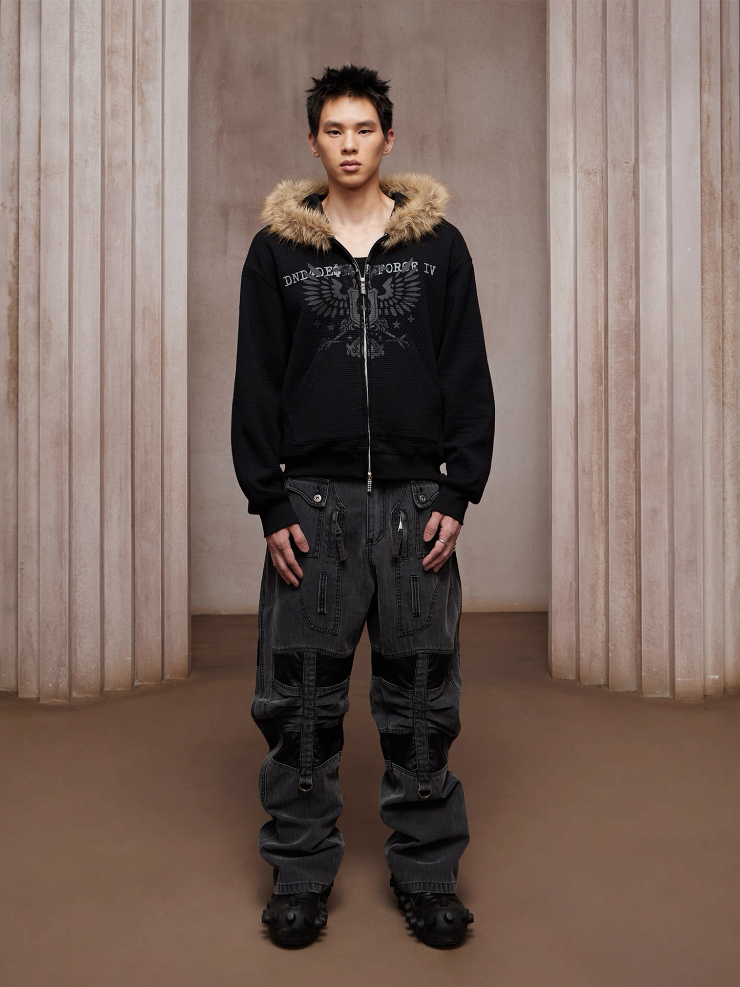 Washed Paneled Strap-Tacked Jeans