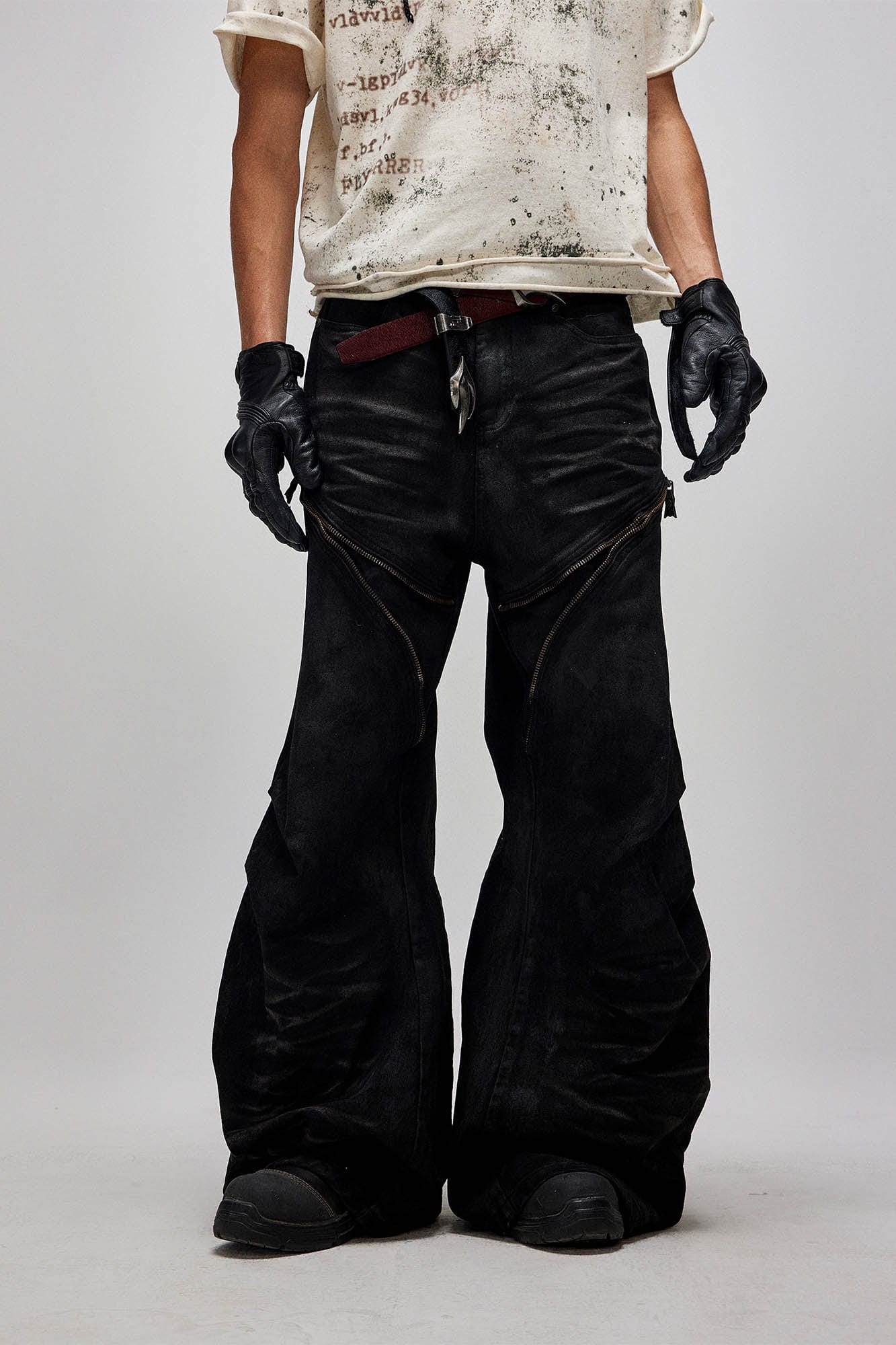 Distressed Waxed Zipper-Paneled Scimitar Pants