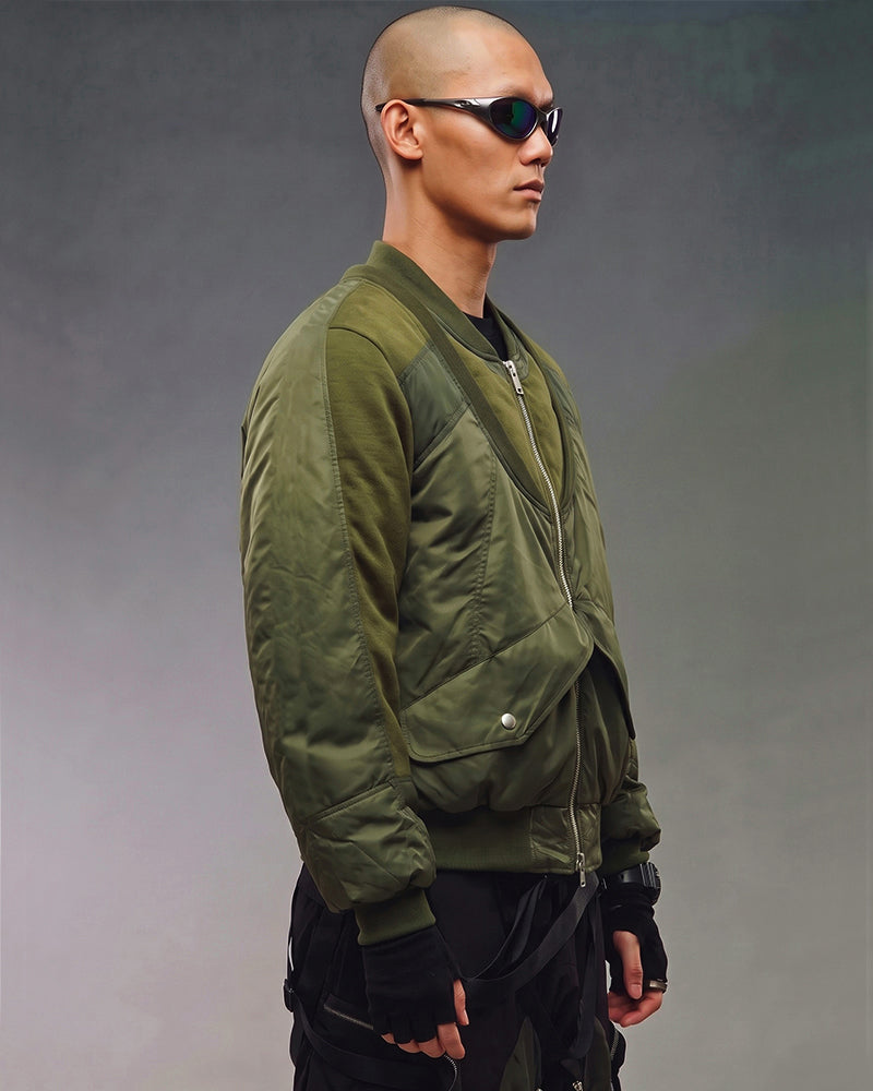 Deconstructed Double Collar Layered Contrast Bomber Jacket