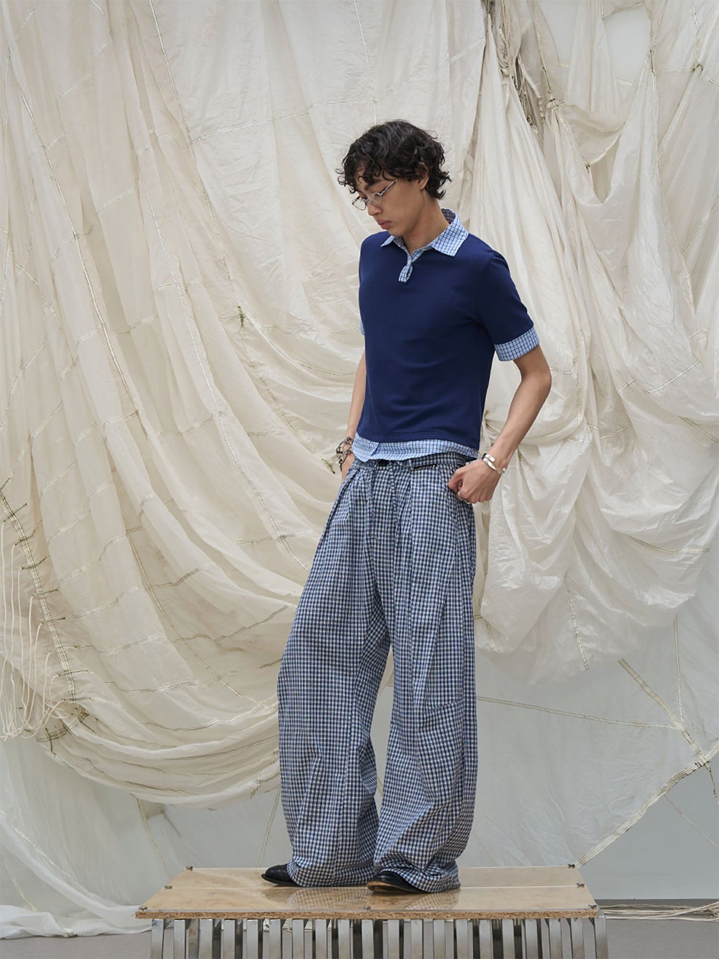 Detachable Scarf Grid Pleated Pants