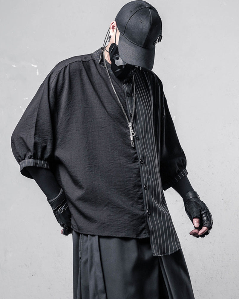 Japanese Style Asymmetrical Striped Patchwork Shirt