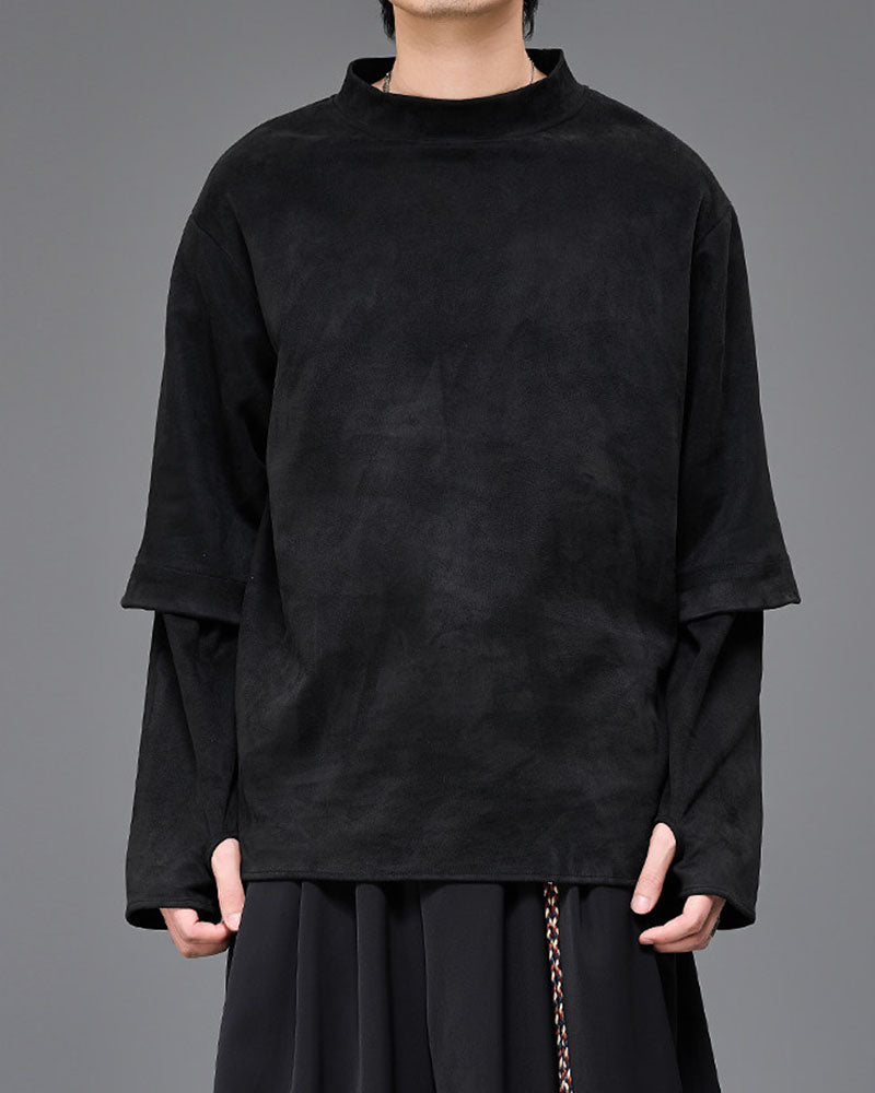 Modern Japanese Mock Neck Layered Long-Sleeve Tee