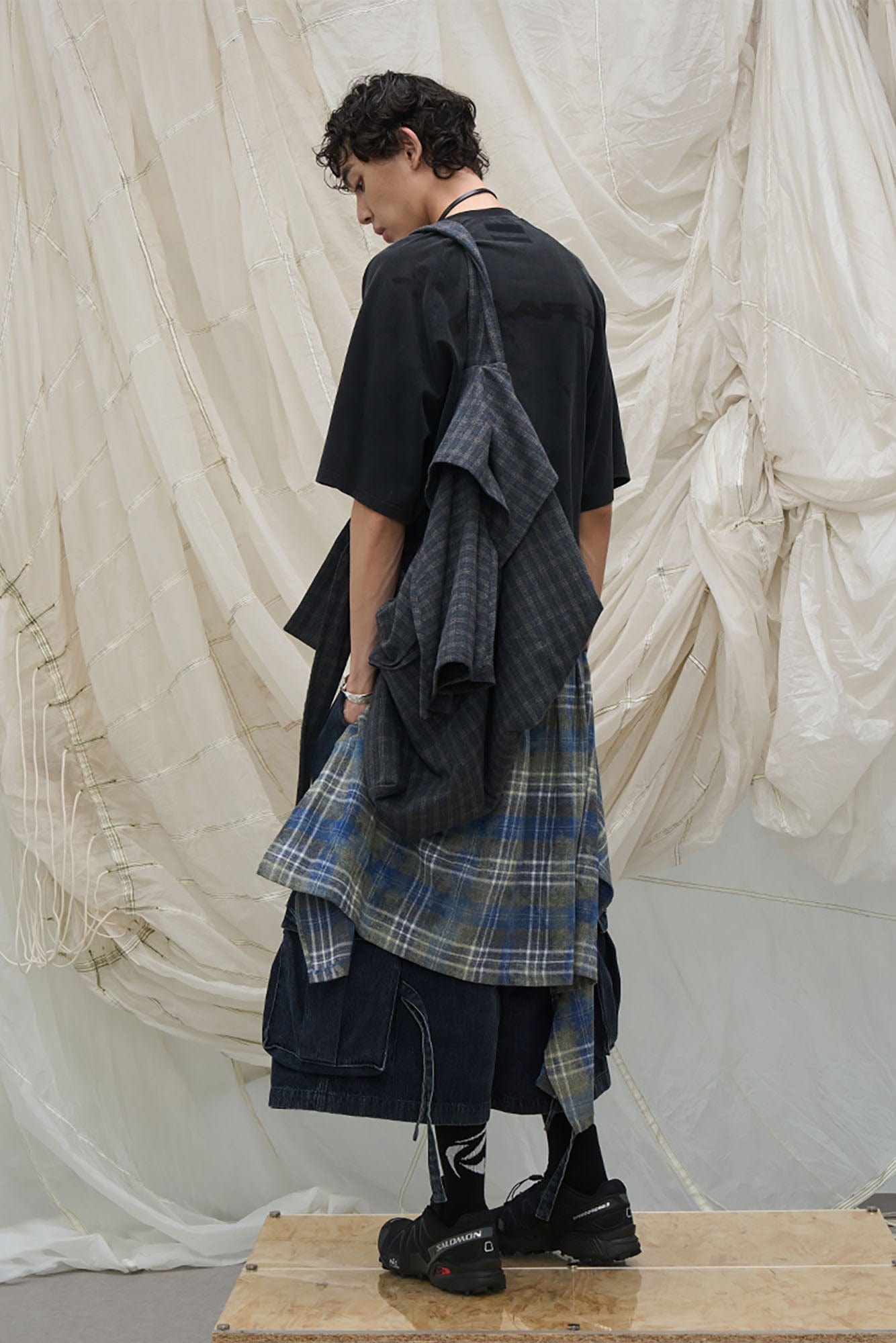 Detachable Plaid Drape Denim Shorts