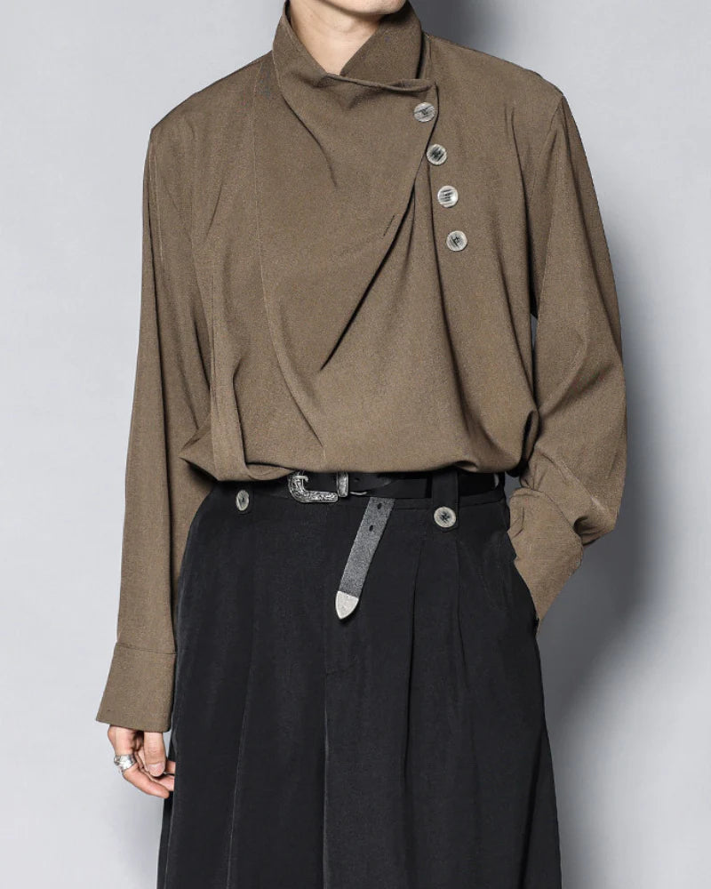 Modern Japanese Half-Stand Draped Collar Long-Sleeve Shirt