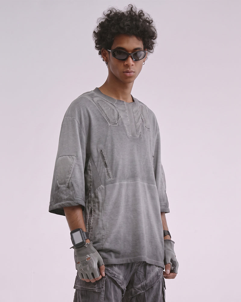 Post-Apocalyptic Dirty-Dye Mesh Panel Tactical T-Shirt