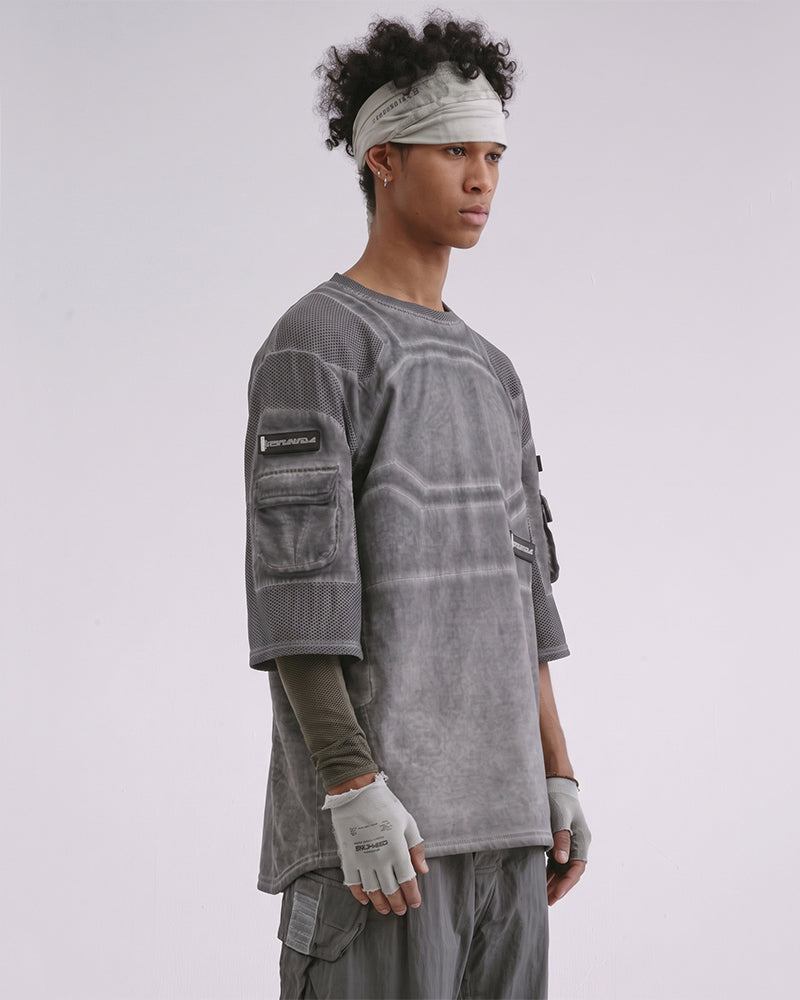 Post-Apocalyptic Dirty-Dye Mesh Velcro Pocket T-Shirt