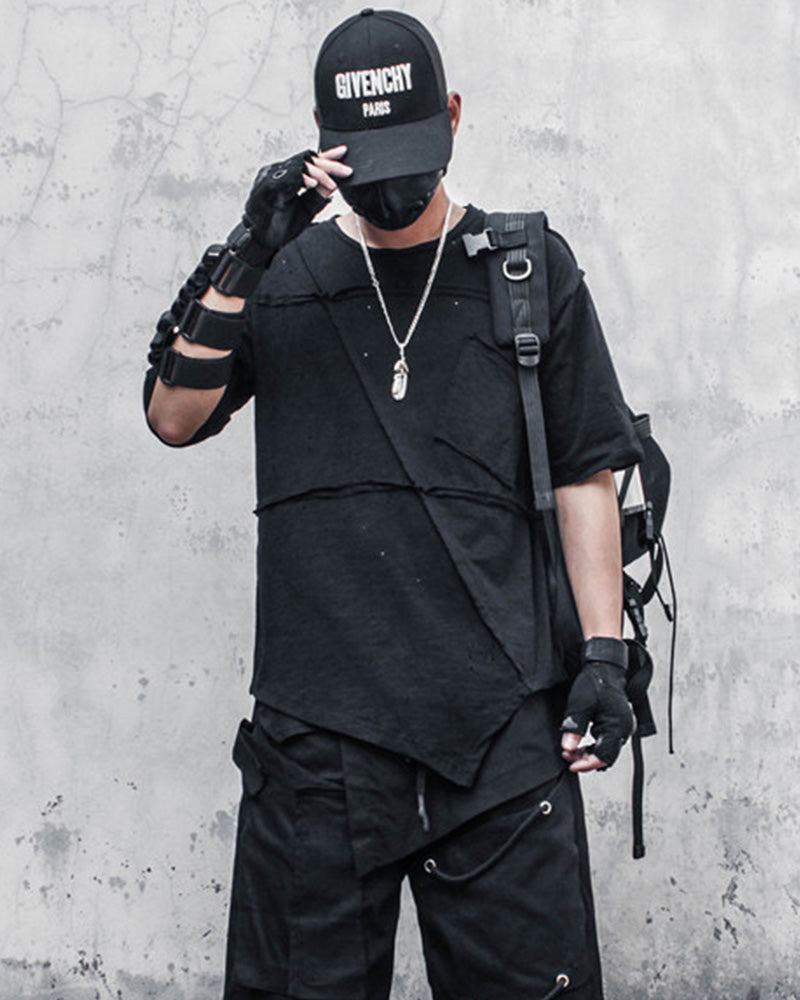 Asymmetric Patchwork Distressed Techwear T-Shirt