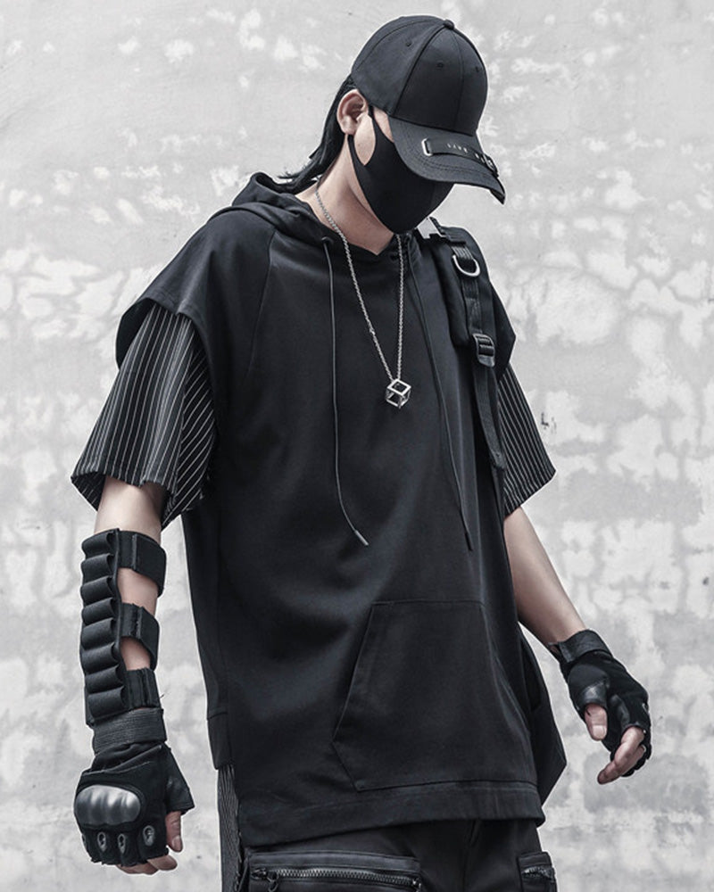 Layered Pinstripe Hooded Techwear T-Shirt