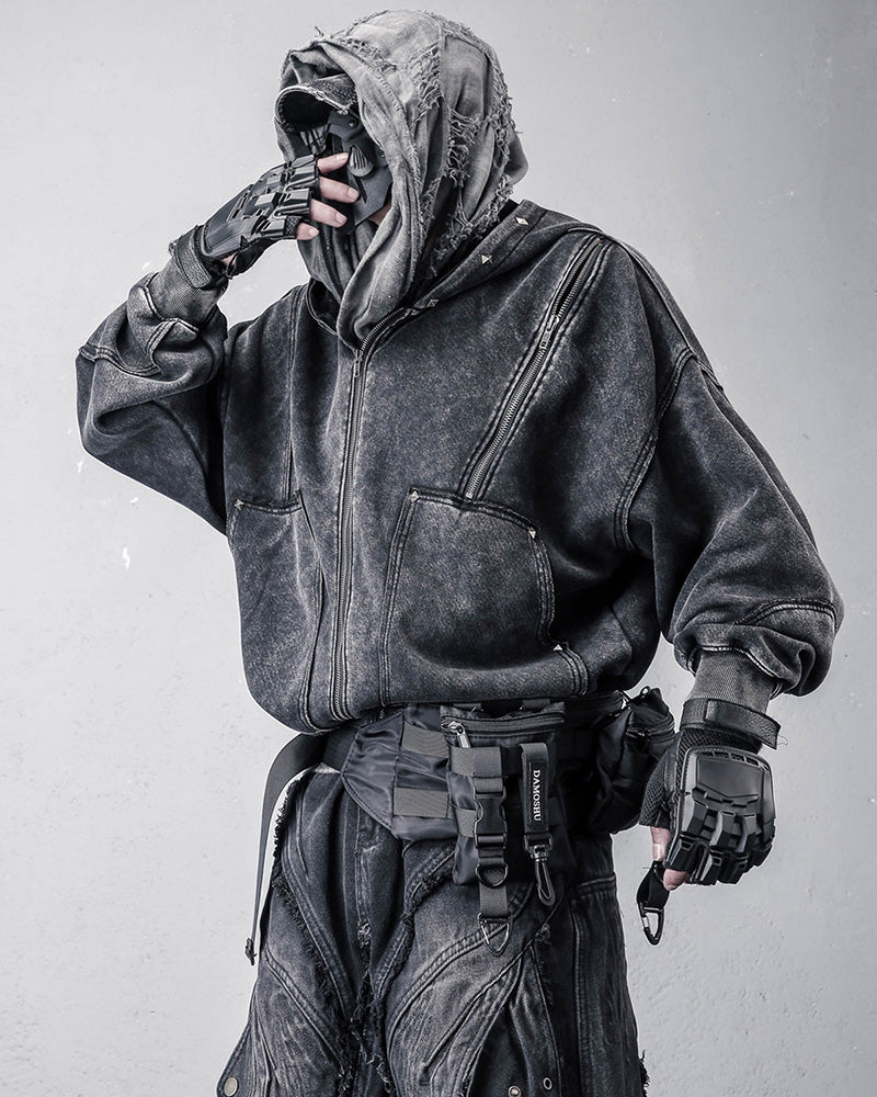 Wasteland Distressed Washed Multi-Zip Techwear Hoodie