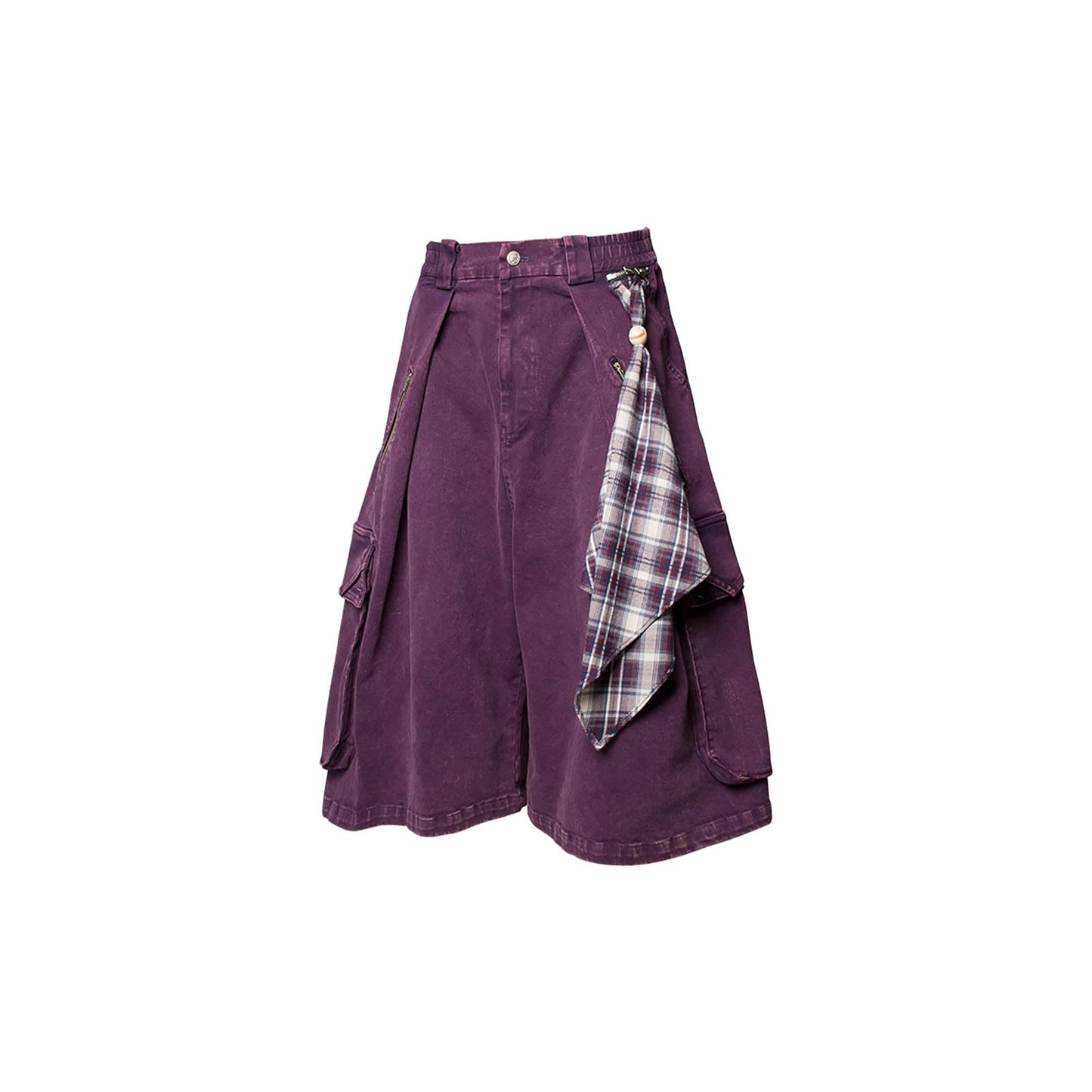 Detachable Scarf Washed Multi-Pocket Wide-Leg Shorts Purple