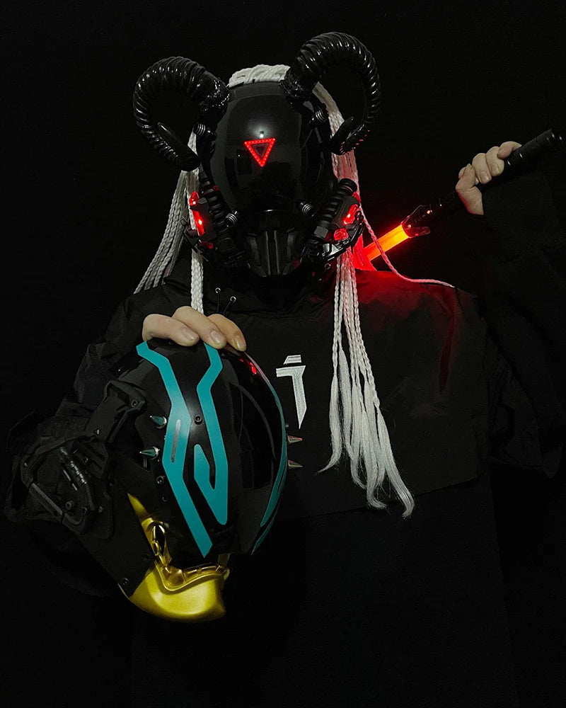 Black Goat Horns LED Cyberpunk Helmet Mask